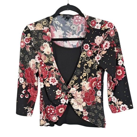 A. Byer Tops - Vintage Y2K Byer Top Medium Black Floral Oriental Cropped Whimsigoth Night Out